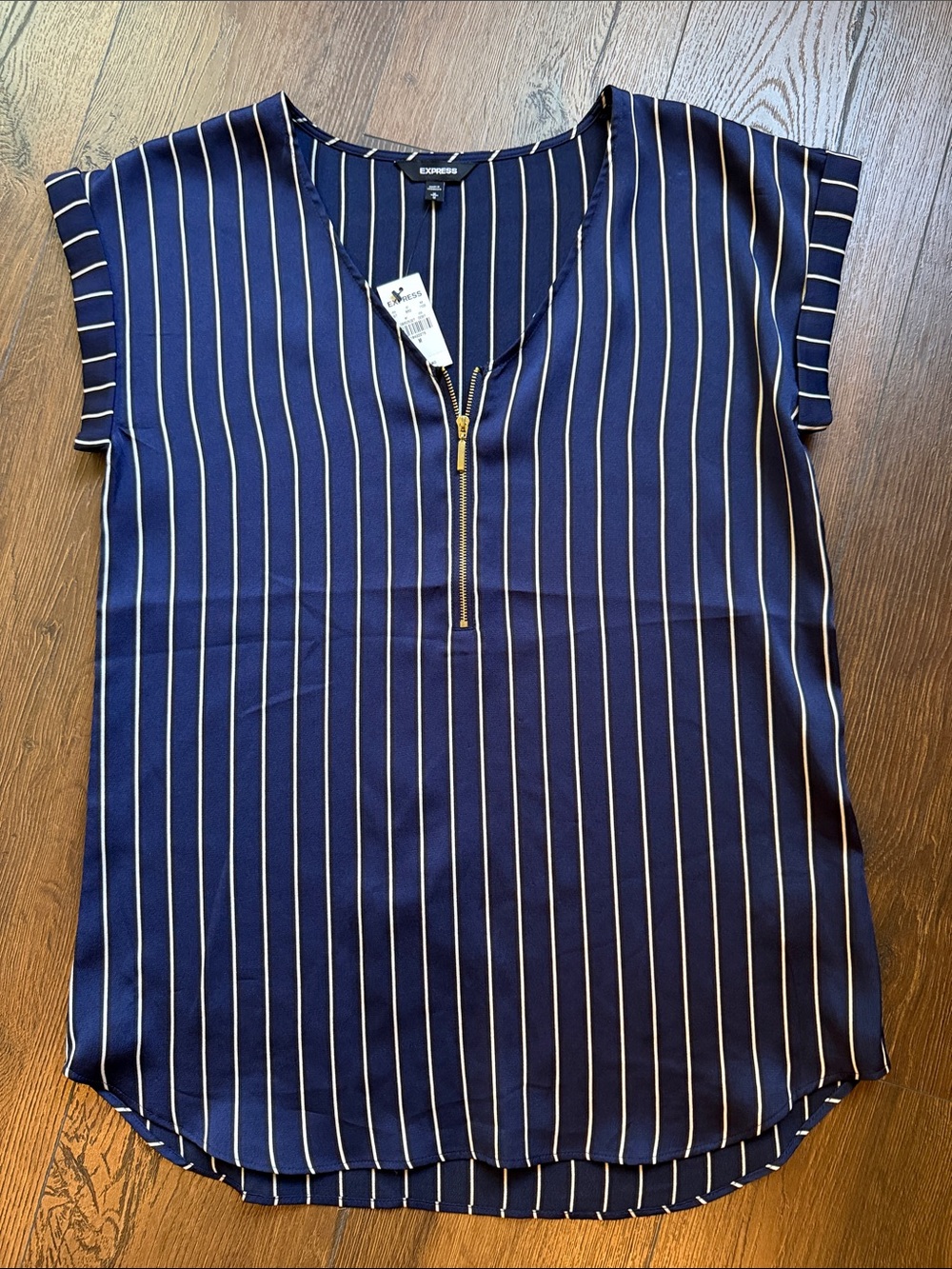 Express Navy Vertical-Stripe Zip-Front Blouse